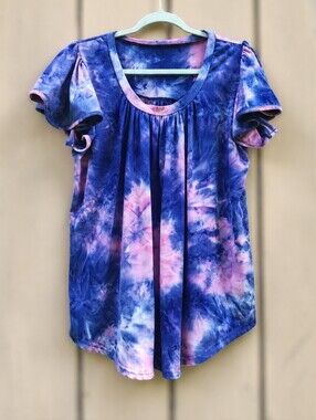 Tie-Dye Flutter Sleeve Top Blue  Pink Stretch Relaxed Fit Hippie Popover Boho Lg